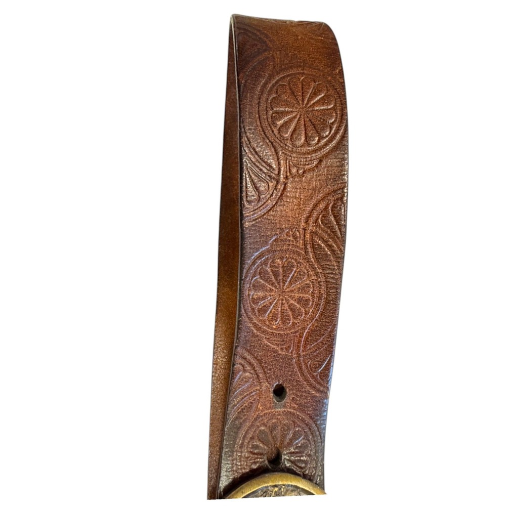 Vintage Indiana Metal Craft Buckle Belt Brown Floral Embossed Leather Deer 32 - Picture 6 of 9